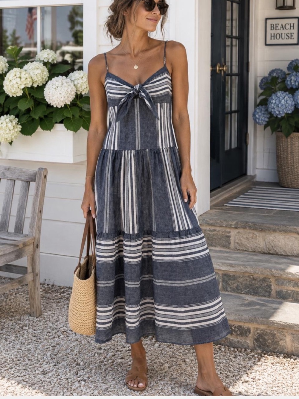 Ralph Lauren Navy and White Striped Tie-Front Maxi Dress